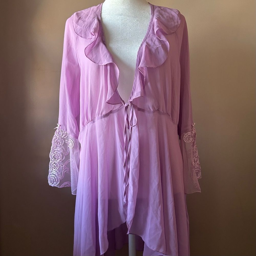 Delicates Purple Sheer Bell Sleeve Tie Front Robe